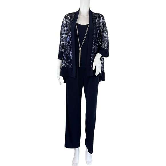 R&M Richards Women’s 3 Piece Sequin Swing Jacket, Blouse, Pants Navy Blue Sz 8P - Picture 1 of 7